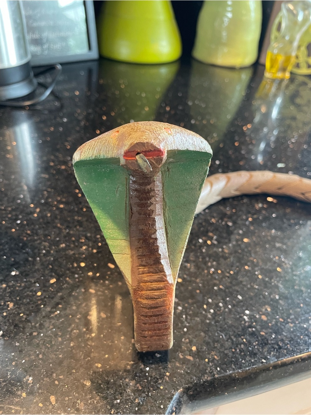 Hand Carved Wooden Cobra Figurine — Green and Brown